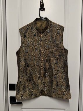 Men’s Indian Pakistani Sherwani Waistcoat Vest Gold & Navy Brocade Formal Weddin
